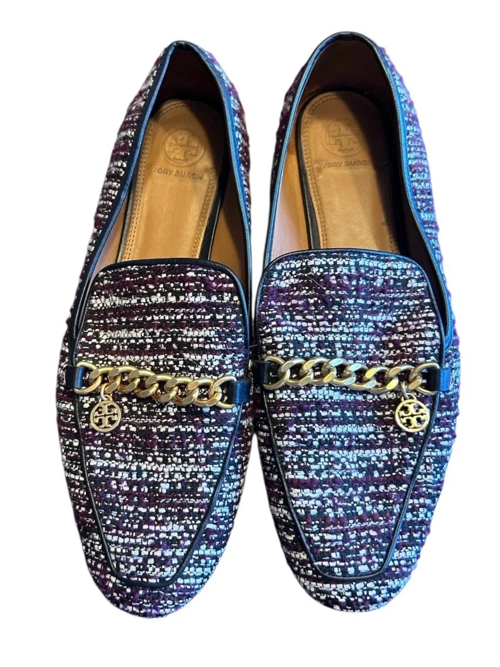 Tory Burch Mini Benton Loafers Size 10 Gold Charm Multicolor Tweed